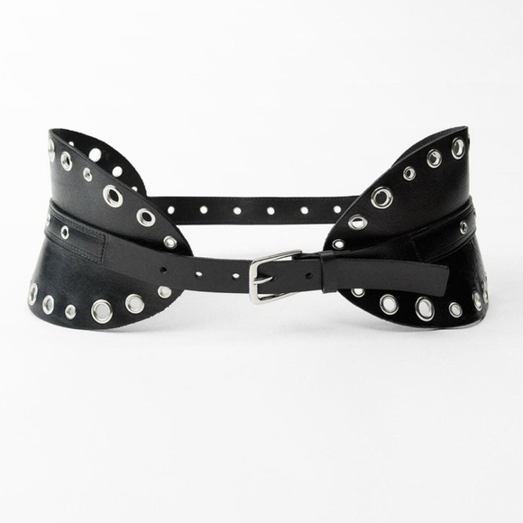Zara Black Grommet-Detail Wide Leather Belt